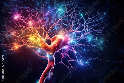 Colourful human brain cognitive Power, 3D Rendered neuronal network, thoughtful motley brain plasticity and neurons brain waves in color dust, neural circuit brain training and mind learning