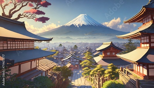 a beautiful japanese village city town in the morning buddhist temple shinto shrine anime comics artstyle cozy lofi asian architecture mount fuji in background 16 9 4k resolution  photo