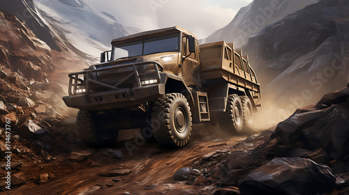 A brown off-road truck conquering rocky terrain.