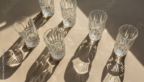 trendy pattern made with glasses and shadows glass with sparkling sunlight shadow on the neutral beige background unlight and blank business photo