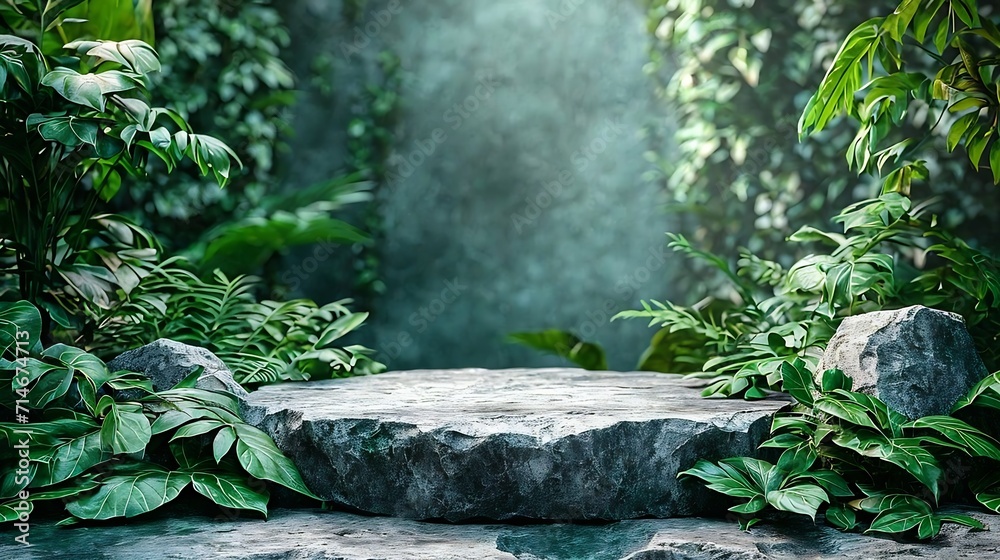 Natural stone and concrete podium in Natural green background for Empty show for packaging product presentation. Background for cosmetic products, the scene with green leaves. Mock up  : Generative AI
