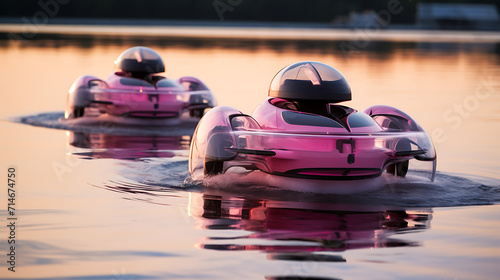 A pink remote-controlled hovercraft race on water.