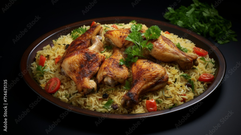 A plate of Kuwaiti machboos, a flavorful rice dish with chicken or fish, commonly served during iftar A plate of Kuwaiti machboos, a flavorful rice dish with chicken or fish, commonly served during iftar