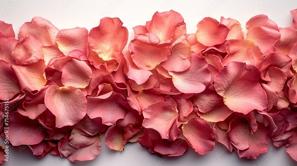 Beautiful pink rose flower petals on white background, top view : Generative AI Beautiful pink rose flower petals on white background, top view : Generative AI