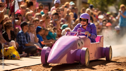 A purple soapbox derby car racing down a hill.
