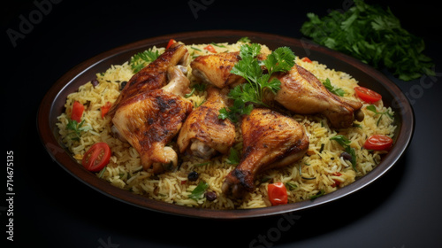 A plate of Kuwaiti machboos, a flavorful rice dish with chicken or fish, commonly served during iftar