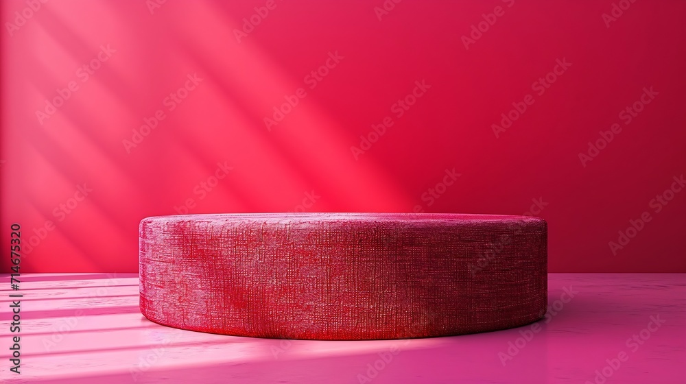 Fototapeta premium Cylinder podium covered with red cloth on viva magenta background. Premium empty fabric pedestal for product display. : Generative AI