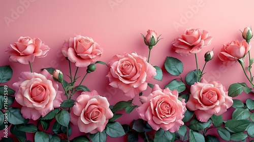 Composition  frame corner folded from pink roses. Pink background and place for text. Roses flowers pattern top view  flat lay  copy space for text. Banner.   Generative AI