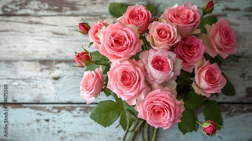 Bouquet of beautiful pink roses on white wooden background.Top view.Copy space   Generative AI