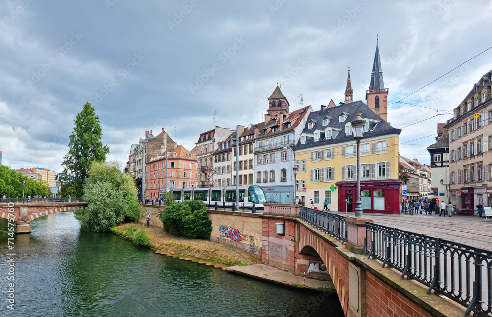 Le Petite France, the most picturesque district of old Strasbourg. Houses along the Ill River channel.