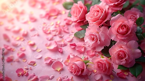 Beautiful roses and petals on pink background  top view. Space for text   Generative AI