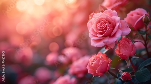 Blurred background with rose of pink color. Copy space for your text. Mock up template. Can be used for wallpaper  wedding cards  web page banner   Generative AI