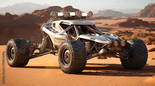 A silver dune buggy in a desert rally.