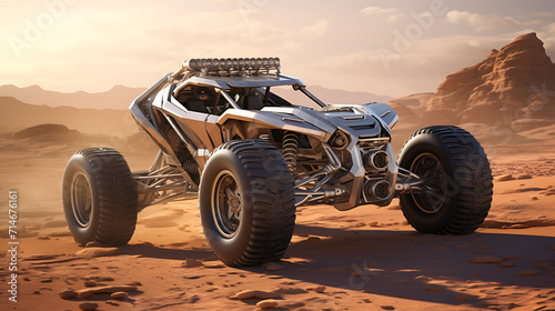 A silver dune buggy in a desert rally.