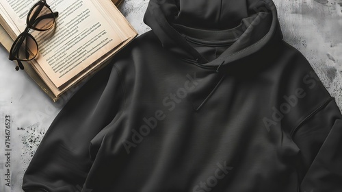 Top View BLack Sweater and Hoodie Mock-up Unisex Fashion, Book, Sunglasses  © NabilBin