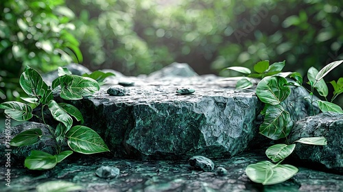 stone green podium or rock dais stage and nature green leaves. elegant green podium mock-up stand product scene green nature background. 3d podium stage illustration render tropical st : Generative AI