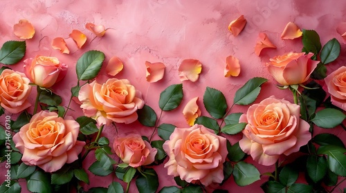 Beautiful roses and petals on pink background  top view. Space for text   Generative AI