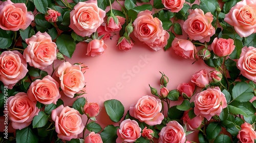 Composition  frame corner folded from pink roses. Pink background and place for text. Roses flowers pattern top view  flat lay  copy space for text. Banner.   Generative AI
