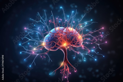 Colorful Nebula Neural Brain Cell Energy Connections, Brain Dots Pattern Neuronal Network, Vibrant fractal light Microscopic Mycelium Membran, Colored DNA neuron motley radiant medical human Mind axon