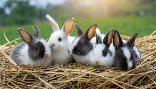 five small adorable rabbits baby fluffy rabbits sitting on dry straw green nature background bunny pet animal farm concept photo