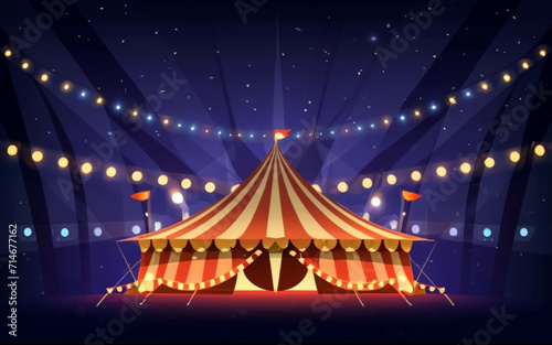 Big Top Circus Tents With Banner/ Illustration of cartoon white and red big top circus tents background with marquee or banner on a blue sky background A Circus Card for Your Advertising. illustration