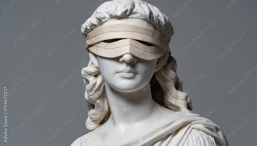 closeup shot ancient marble bust statue of roman era woman blindfolded on grey background