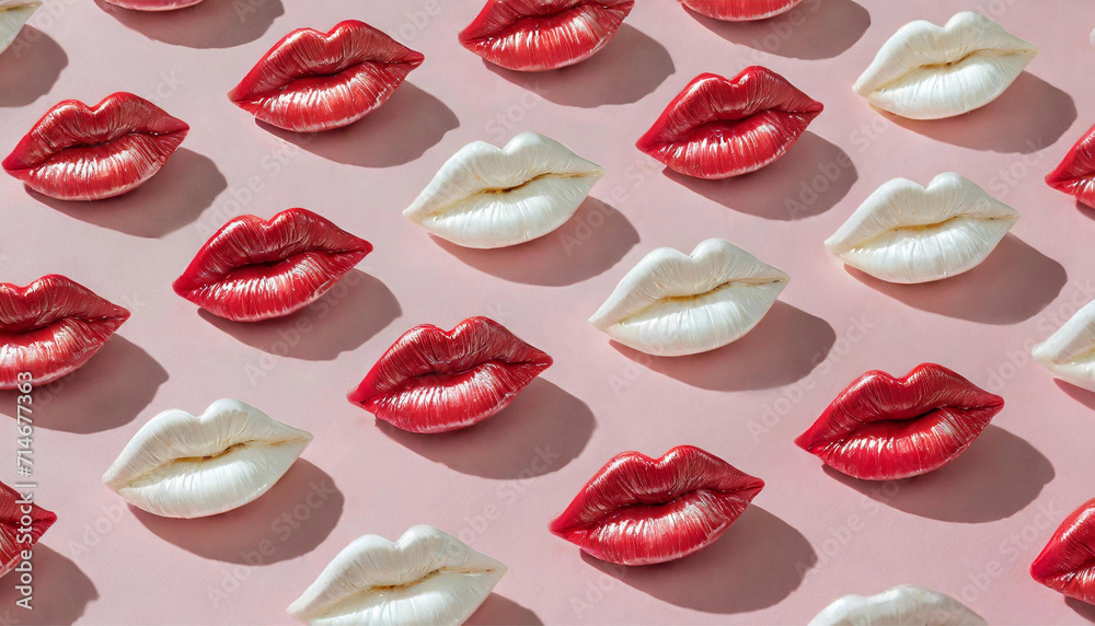 Fototapeta premium Pattern made with bright red lips figurine on pastel pink background. Love, Valentine s day