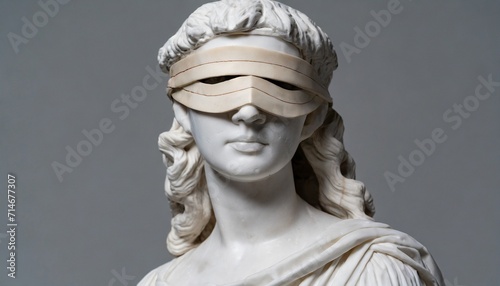 closeup shot ancient marble bust statue of roman era woman blindfolded on grey background photo