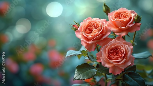 Blurred background with three roses of pink color. Copy space for your text. Mock up template. Can be used for wallpaper  wedding card  web page banner   Generative AI