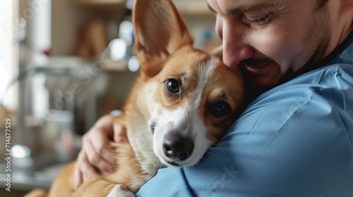 Friendly man vet in blue uniform cuddling, embracing pembroke welsh corgi dog, doctor carrying and playing with little dog after treatment, generative ai photo