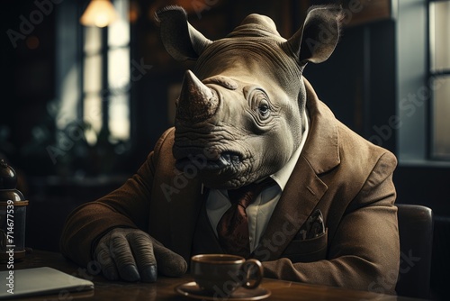 Business Rhino Enjoying Coffee Break in Stylish Cafe photo