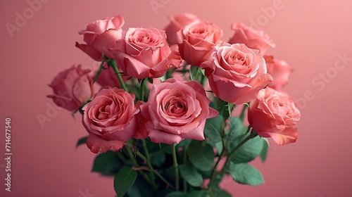 Bouquet of pink roses on pink background. Mother s day  Valentines Day  Birthday celebration concept. Greeting card. Copy space for text  top view   Generative AI