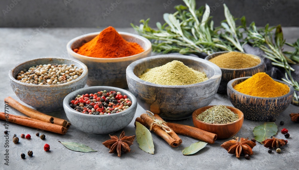 dried spices and seasonings in bowls on grey background