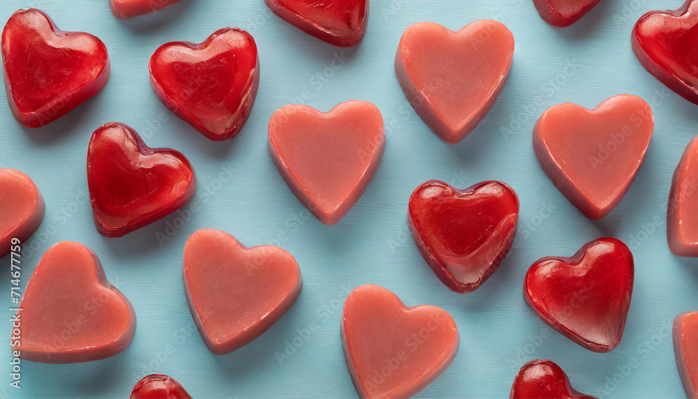 Full frame composition of red heart shaped soap arranged in order on light blue pastel background. Love, Valentine s day