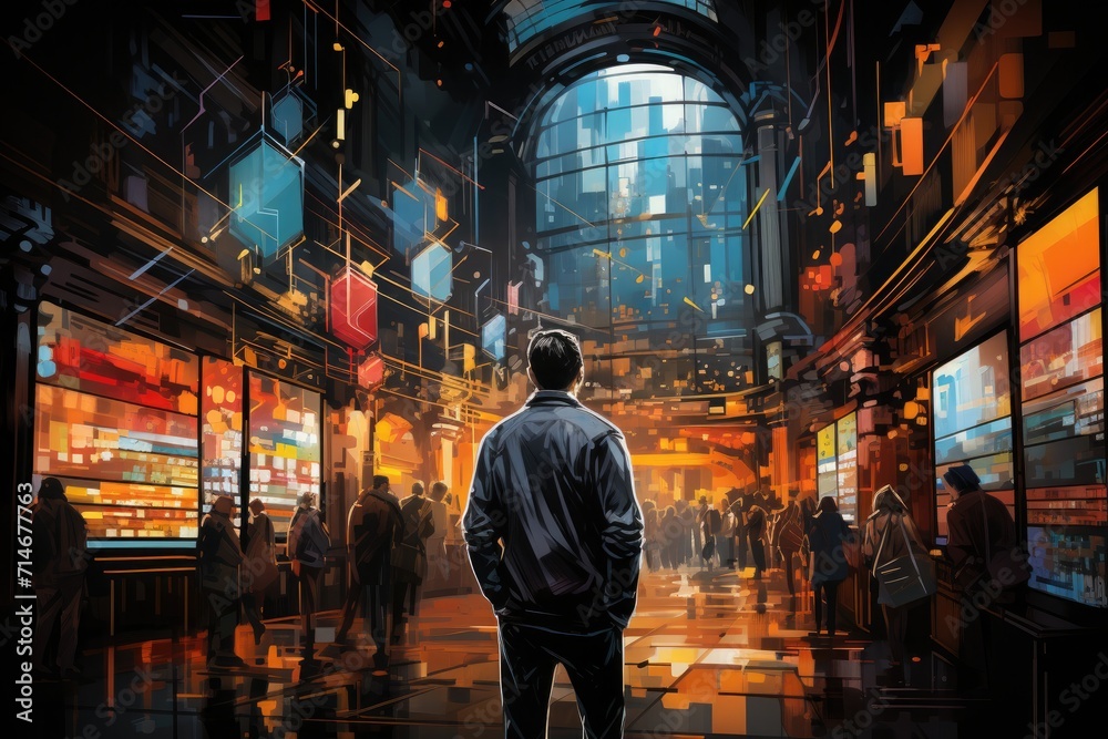 Futuristic Urban Walkway: Neon Lights and City Life Futuristic Urban Walkway: Neon Lights and City Life