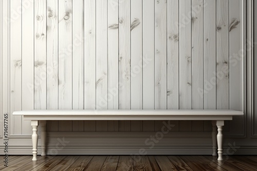 Elegant white wooden bench near panelled wall interior