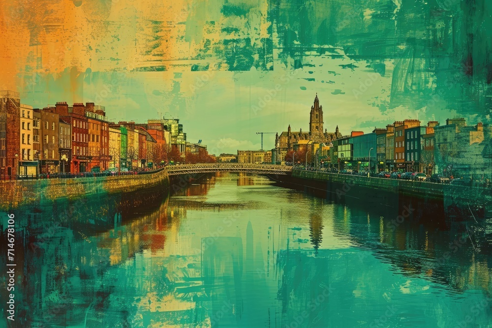 Naklejka premium Vintage style view of Dublin Ireland with Liffey river illustration