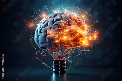 Human brain light bulb energy with fire, long-term memory, information storage, short-term memory, mind processing informations and stimuli, brain's neurons fire, deep learning and remembering process photo