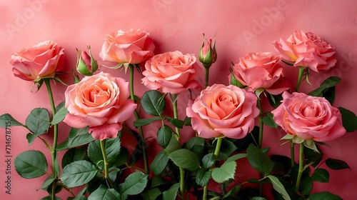 Bouquet of pink roses on pink background. Mother's day, Valentines Day, Birthday celebration concept. Greeting card. Copy space for text, top view : Generative AI © Generative AI