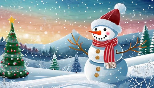 a cute smiling snowman stands against the backdrop of a festive winter landscape a template for a christmas card generative ai