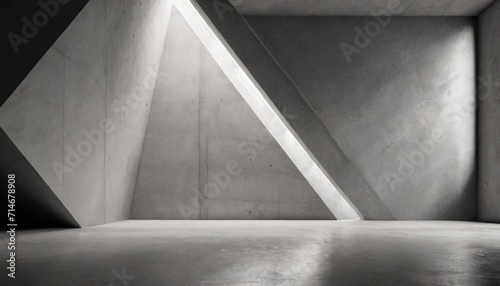 abstract empty modern concrete room with abstract random polygon triangle wall indirect lighting from left side wall and rough floor industrial interior background template