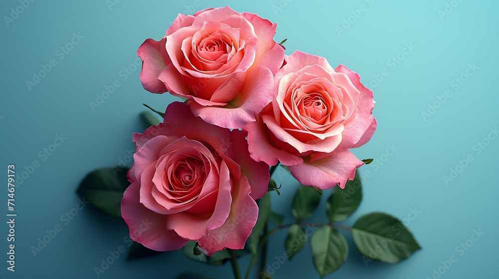 Pink roses on a light blue background. Mother's day, Valentines Day, Birthday celebration concept. Greeting card. Copy space for text, top view : Generative AI Pink roses on a light blue background. Mother's day, Valentines Day, Birthday celebration concept. Greeting card. Copy space for text, top view : Generative AI