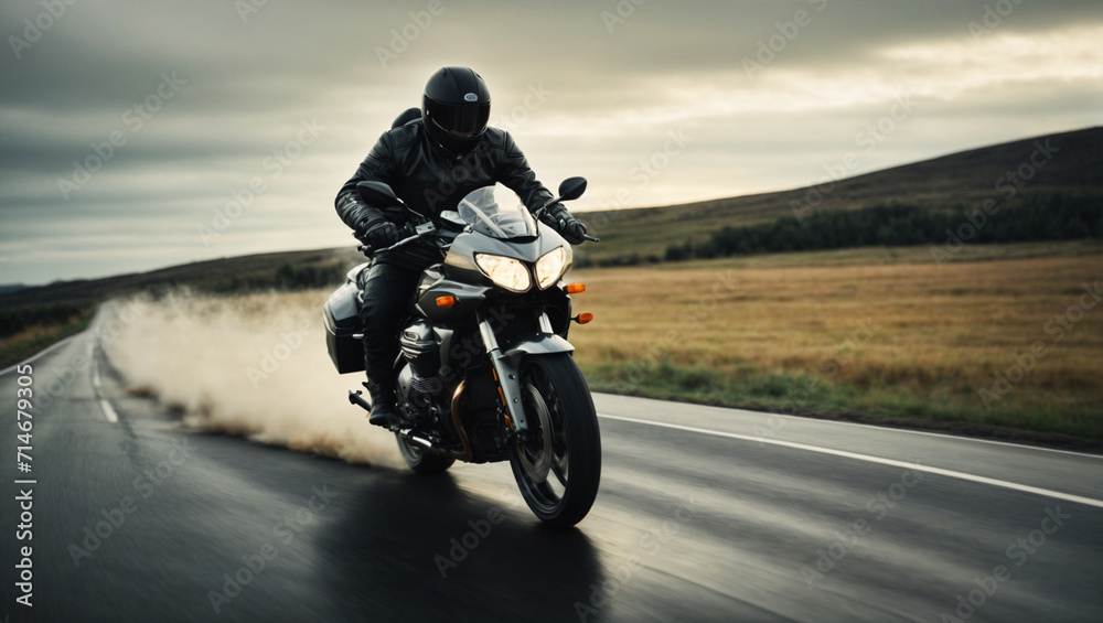 A motorcycle rider speeding on a road with super bike