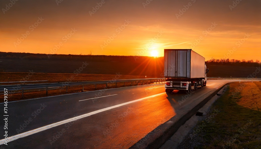 a truck with a trailer is driving on the motorway at night with an orange sunny sunset in the