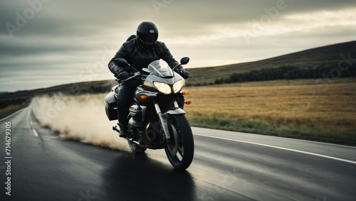 A motorcycle rider speeding on a road with super bike © PixelBook