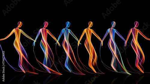 Image of human figures illustrated in neon coloured lines in dance poses on a black background