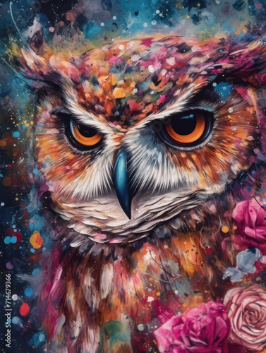 Beautiful abstract multicolored owl acrylic painting © RobertNyholm