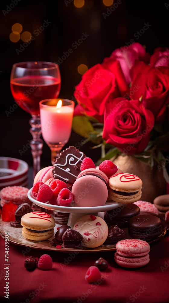 Valentine's Day pastries and sweets. Chocolate and macaroons Valentine's Day pastries and sweets. Chocolate and macaroons