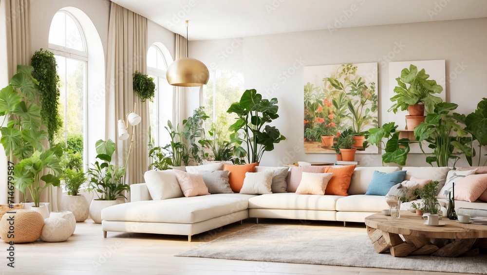 A living room with, bright spacious interior, paintings on the wall and a couple of plants, decorated cosy and modern with access to a private garden