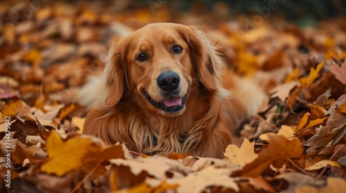 Golden Retriever in a Pile of Fall Leaves
